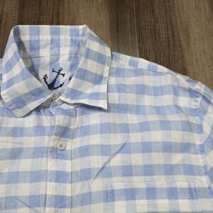 HiHo Blue and White Checkered 100% Linen Button Up Long Sleeve Shirt. L